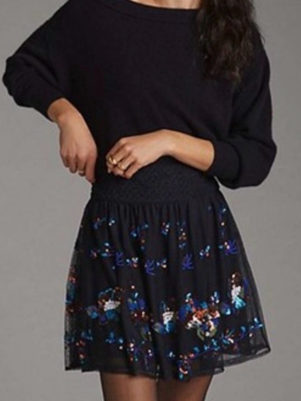 Anthropologie Black Tulle Mini Skirt with Multicolor Sequin Floral Embroidery